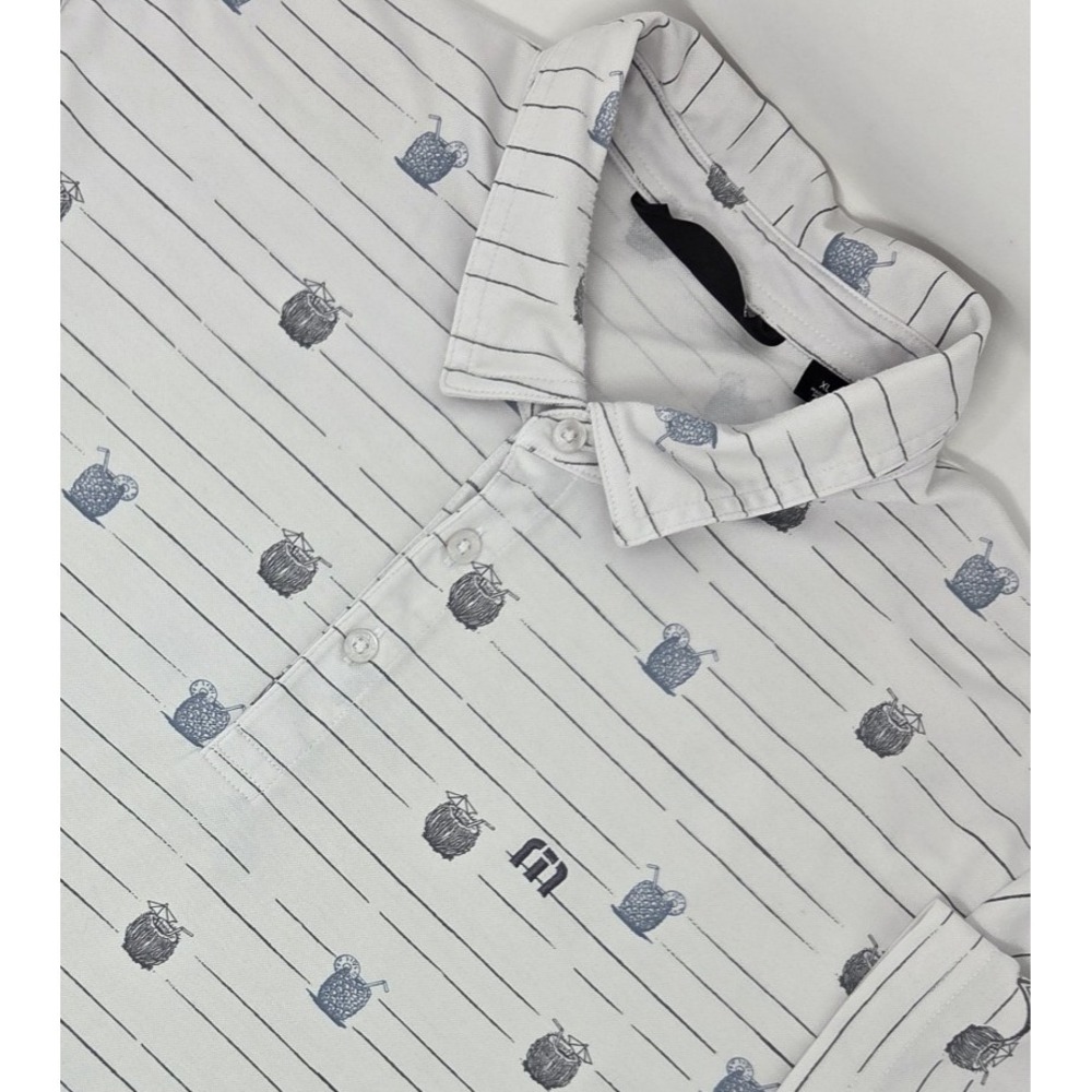 Travis Mathew Polo Shirt Mens XL White Golf Cocktail Print Striped Short Sleeve